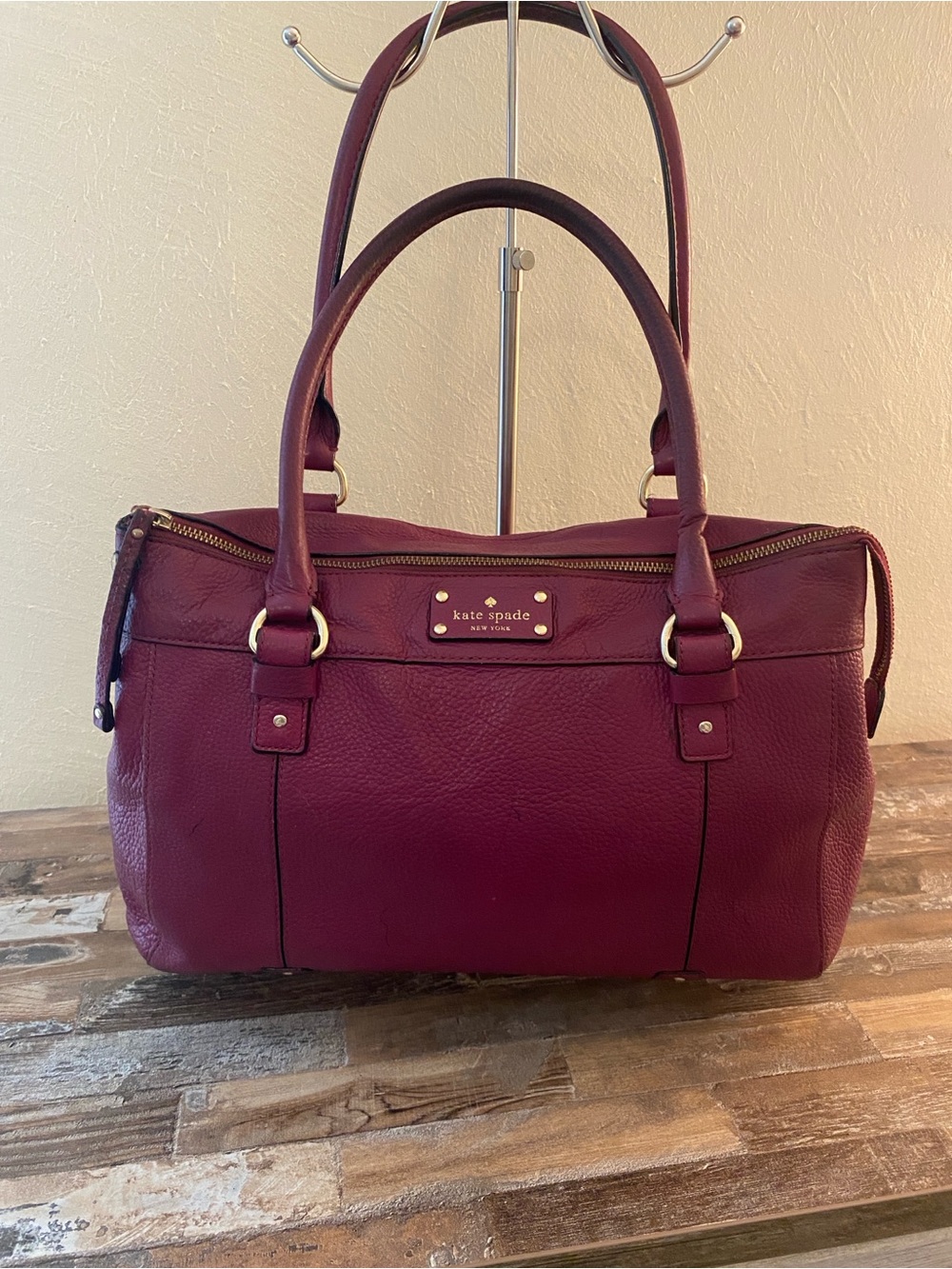 kate spade Deep Burgundy Leather Satchel with Gold Hardware
